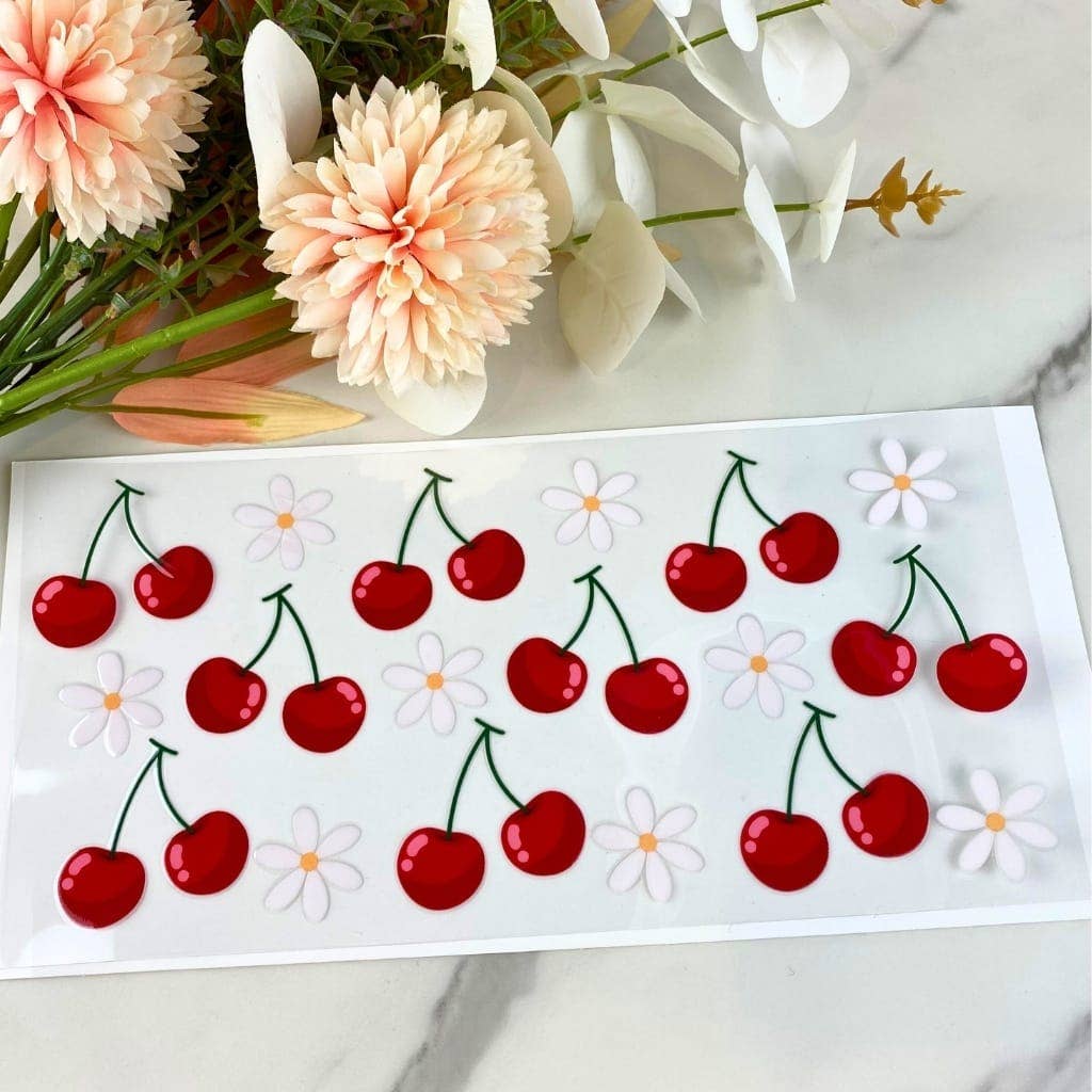 Trinkglas mit Bambusdeckel "Kirsche und Gänseblümchen"