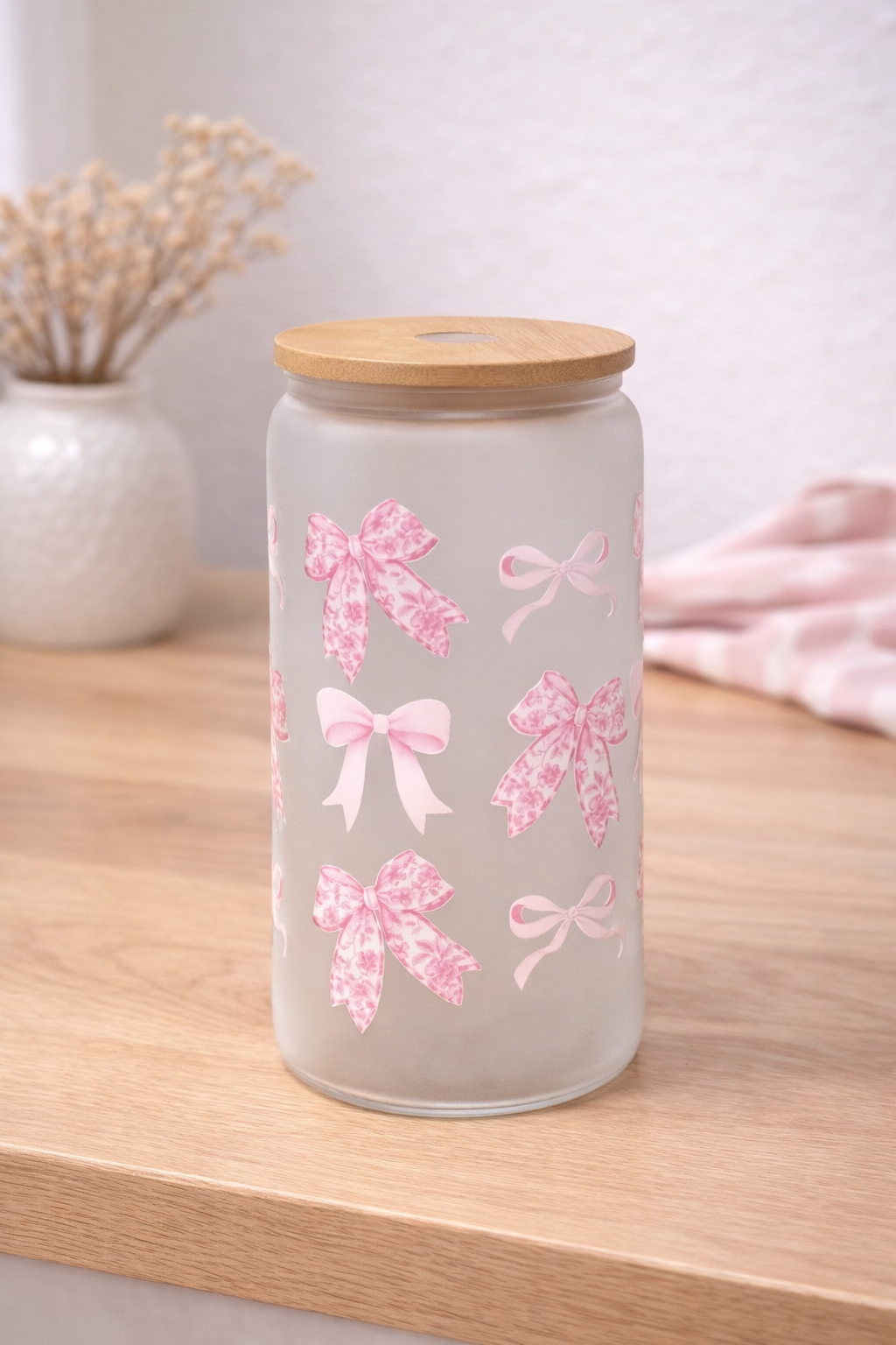 Trinkbecher mit Bambusdeckel "Rosa Schleifen"