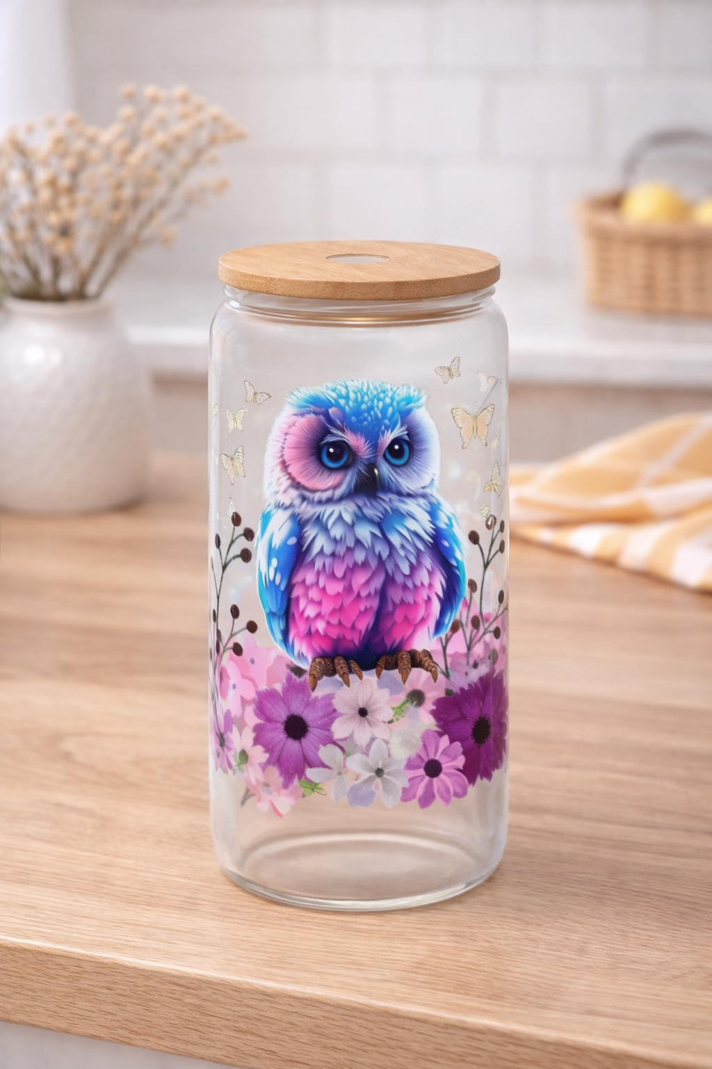 Trinlglas mit Bambusdeckel "Blau/Rosa Eule"