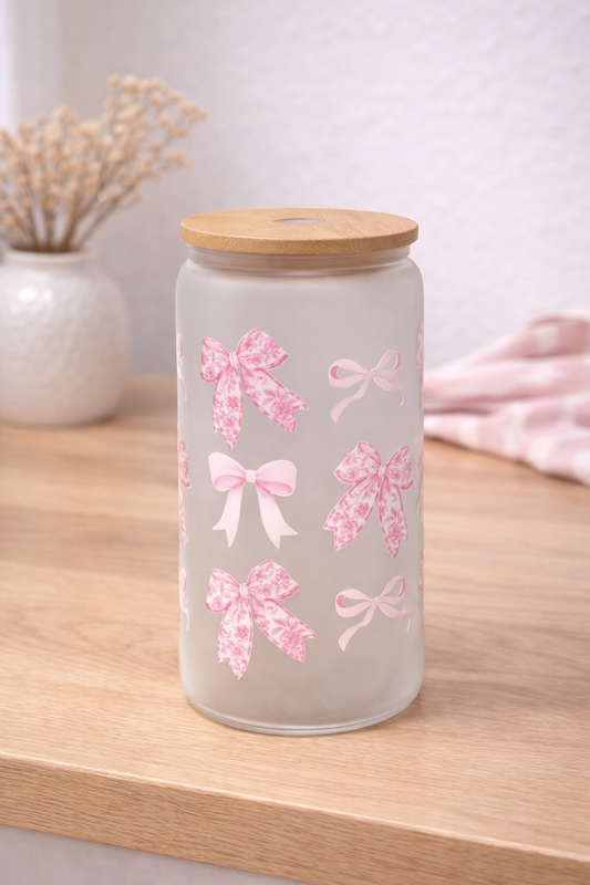 Trinkbecher mit Bambusdeckel "Rosa Schleifen"