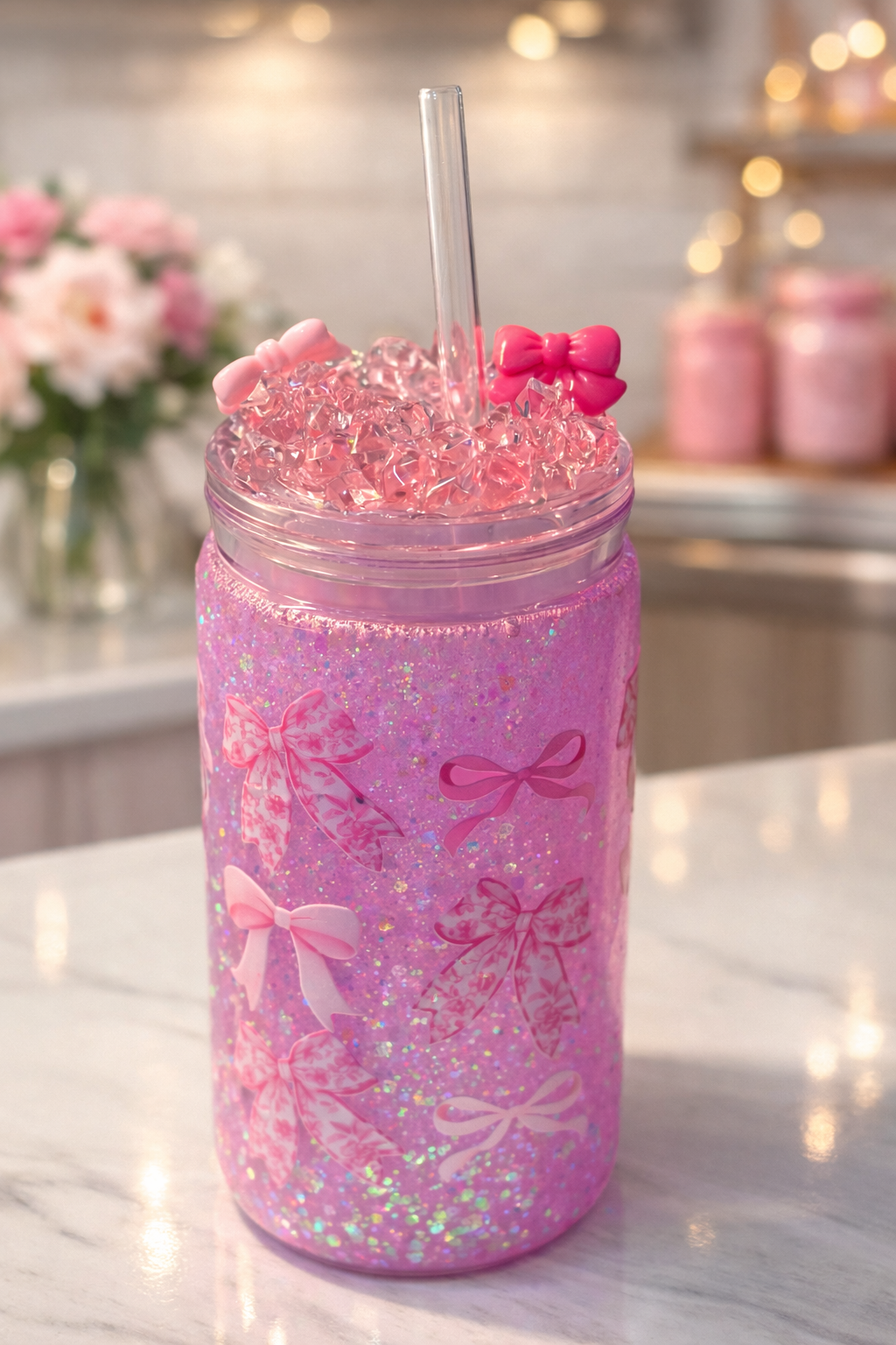 Glitzerbecher mit Schleifen Design